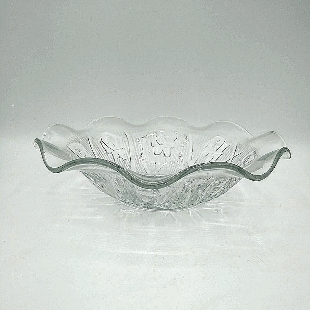 Jeanette Glass Iris Herringbone Clear Depression Carnival Glass Ruffled Bowl Vtg
